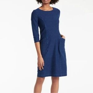 boden trinity jersey dress 3/4 sleeves pockets boat neck US 6 UK 10 Blue Ribbed